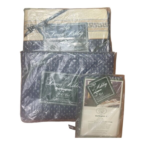 Vtg Laura Ashley For Burlington 200 Thread Ct Navy & Cream Full Sheet Set 3 pc - Picture 1 of 10